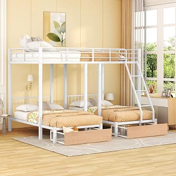 Metal Triple Bunk Bed with 2 Storage Drawers, Full Over Twin & Twin Bunk Bed with Guardrails and Ladders, Can Be Convertible into 3 Beds, No Box Spring Needed, White