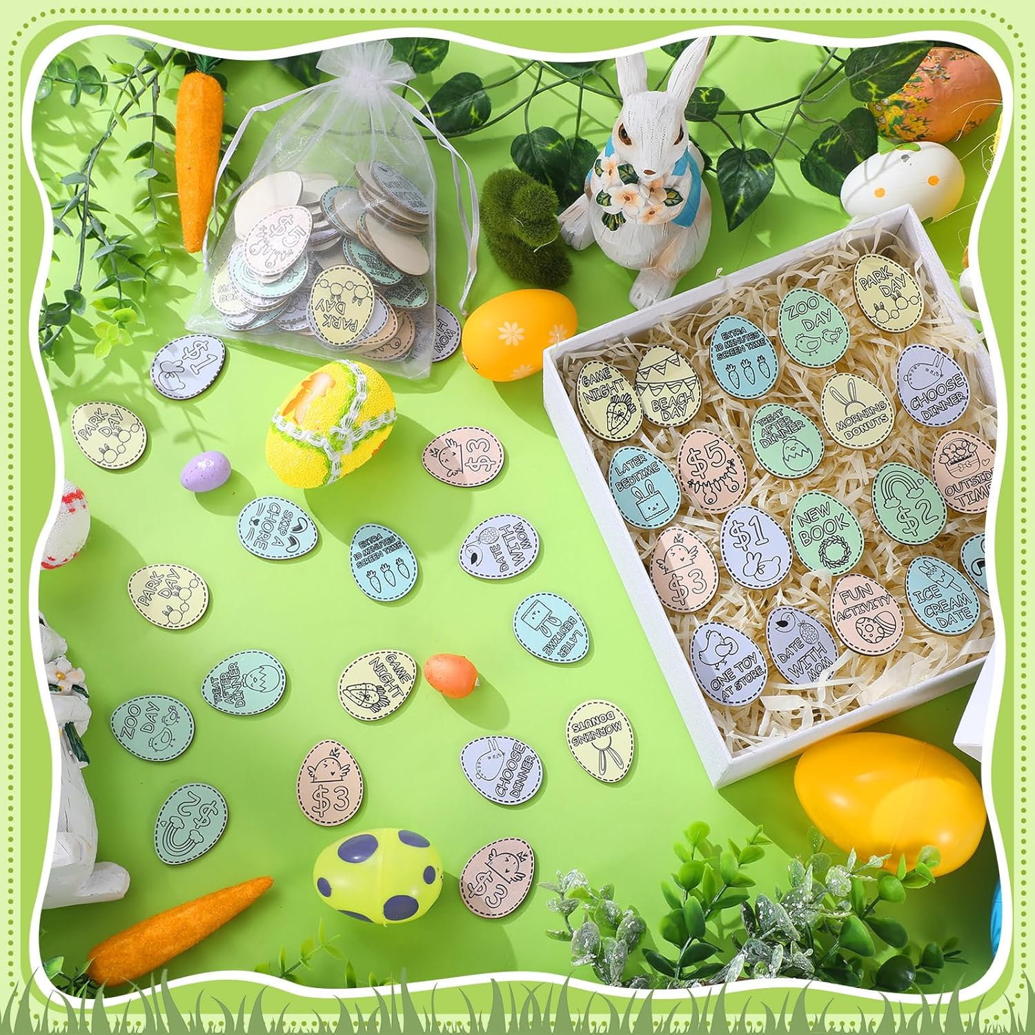 124 Pcs Easter Egg Tokens Set Includes 120 Wood Reward Bunny Tokens with 20 Different Engraved Sayings 4 Organza Gift Bags for Spring Prizes Stuffers Coins(Easter Egg,Light Color)