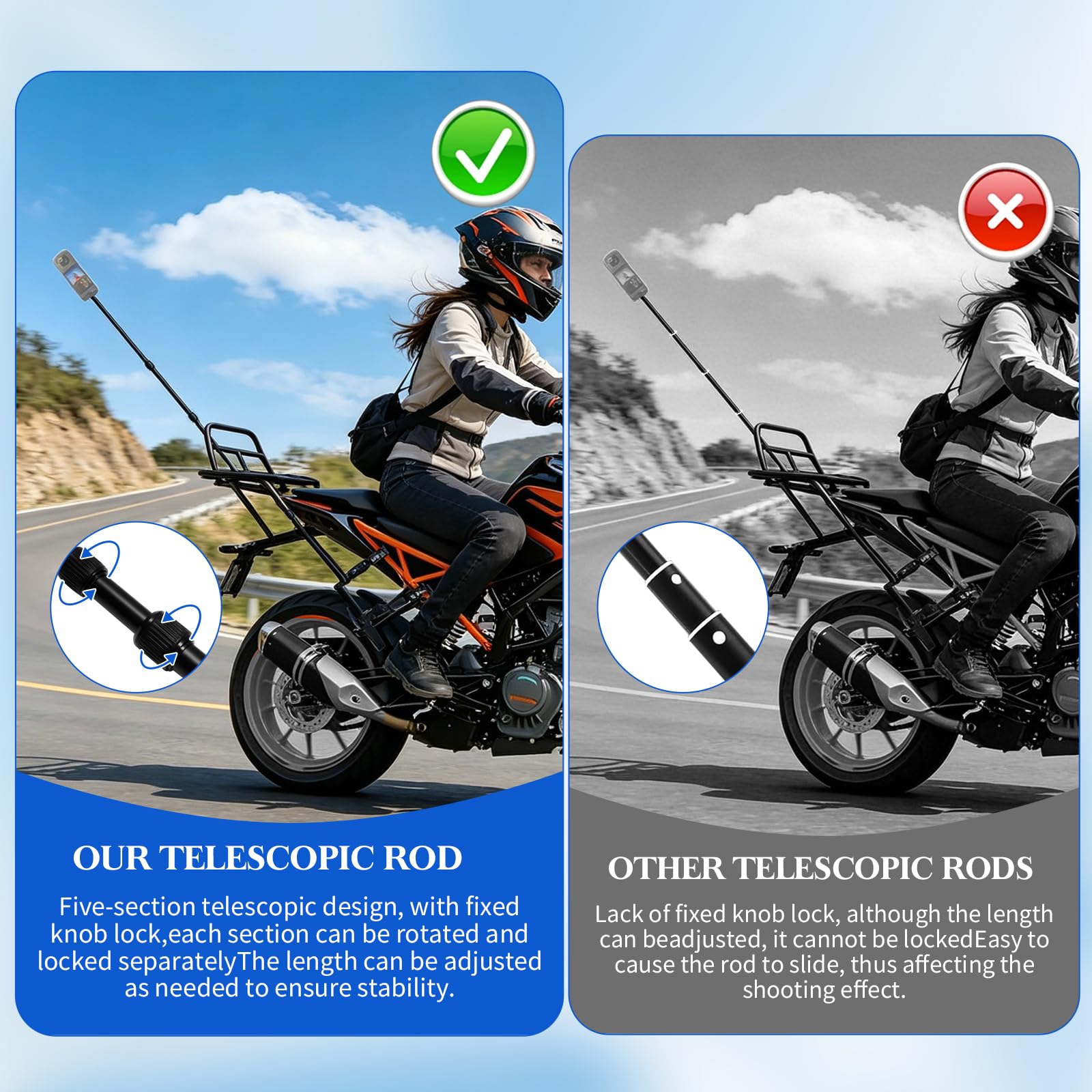 Soporte De Cámara para Moto Y Bicicleta, Abrazadera Doble Ajustable 360 Grados con Palo Selfie Invisible De 40-150cm, Compatible con Insta 360 X4 X5 para dji Osmo 360