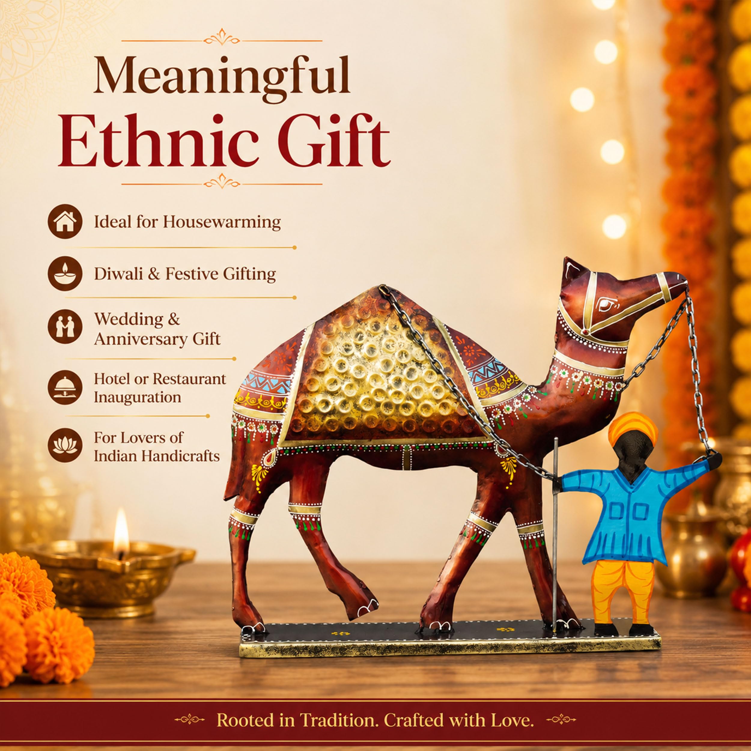 Rajasthani Camel Showpiece with Handler for Home Decor | Large 20 Inch Iron Metal Desert Art Statue for Living Room Office Hotel Restaurant Reception Desk Ethnic Gift — photo — 6 of 8