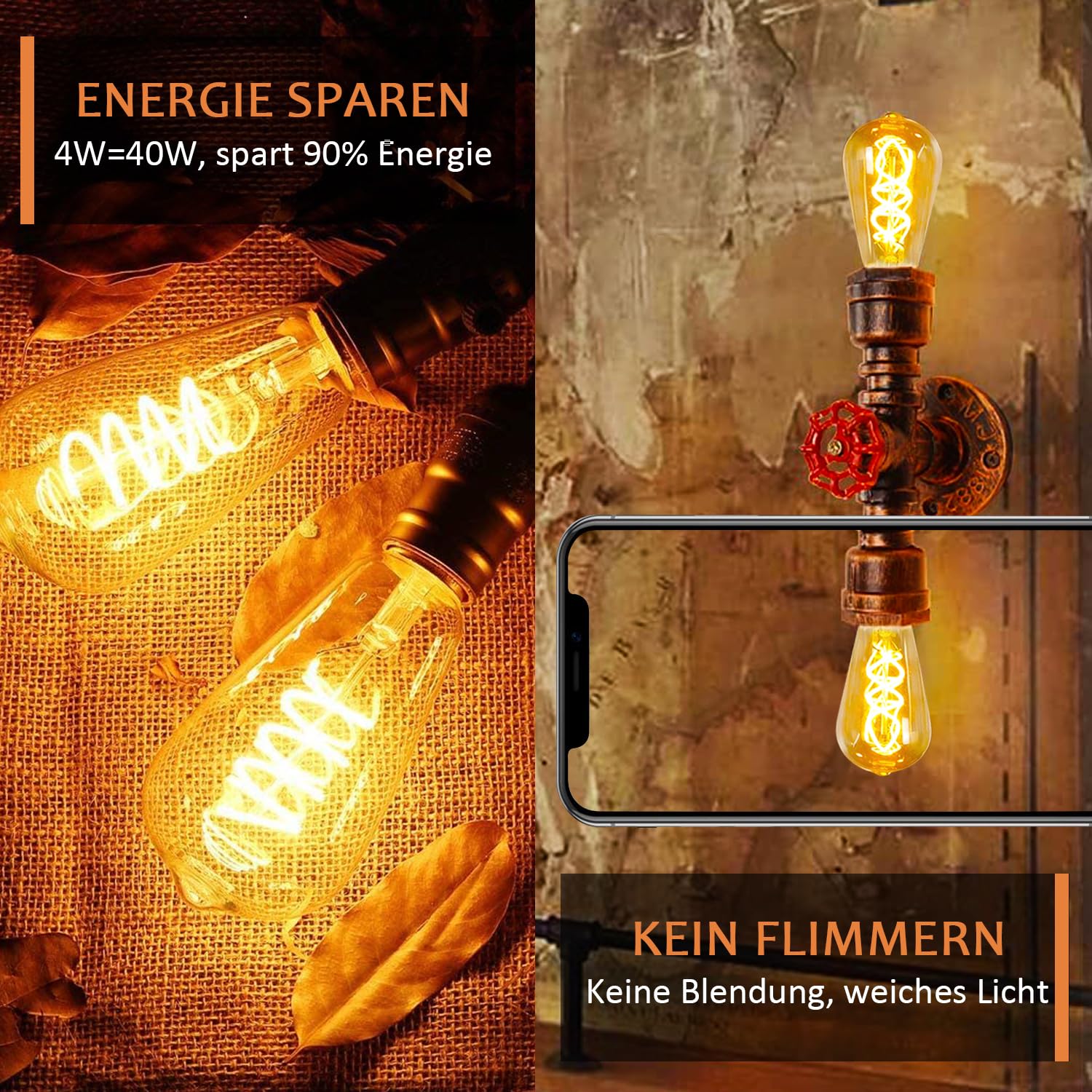 LED-Leuchtmittel, Vintage, E27, dimmbar, 4 W, ST64, Warmweiß, Edison, ideal für die Beleuchtung im Retro-Stil, dekorativ, Bernstein-Glas – 6 Stück