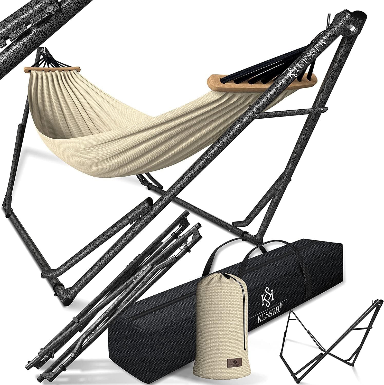 KESSER® Hamaca Vill con Estructura Metálica Plegable Ajustable Interior y Exterior con Bolsa de Transporte + Bolsillo Silla Colgante Resistente Soporte de Hamaca Camping Jardín Balcón, Beige