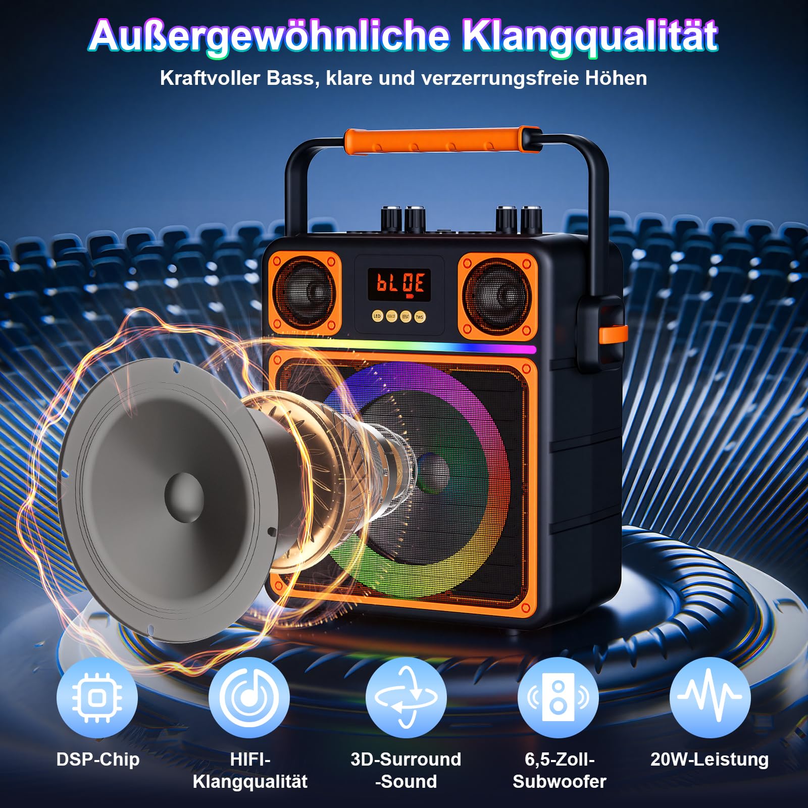 Karaoke Maschine mit 2 Mikrofone, GuKKK Tragbaren Bluetooth Lautsprecher Box und DJ-Lichtern für Erwachsene und Kinder, Karaoke Anlage Unterstützt TF/USB, FM, AUX in, TWS für Party, Geburtstag, Reisen