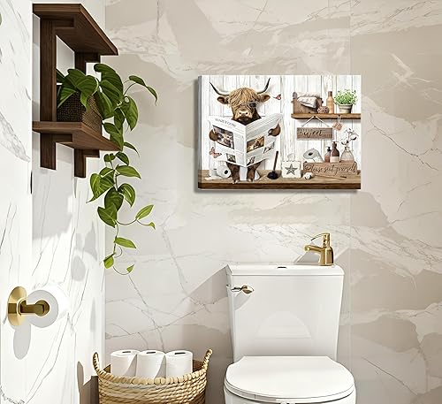 Miniatura 5 de Divertido arte de pared de baño de vaca de las tierras altas, rústico, color marrón, lindo animal, pintura, imagen, decoración de pared, ganado de