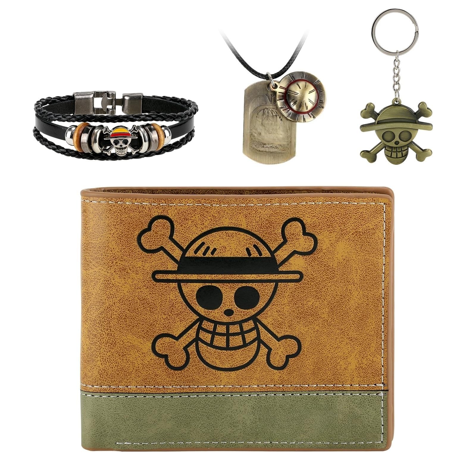 4 PCS ONEPIECE Luffy Bifold Wallet Anime Set (Straw Hat Pirates Jolly Roger Mens Wallet + Luffy Skull Pendant Necklace + Luffy Keychain + One Piece Bracelet) Good Gift for Anime Fans,