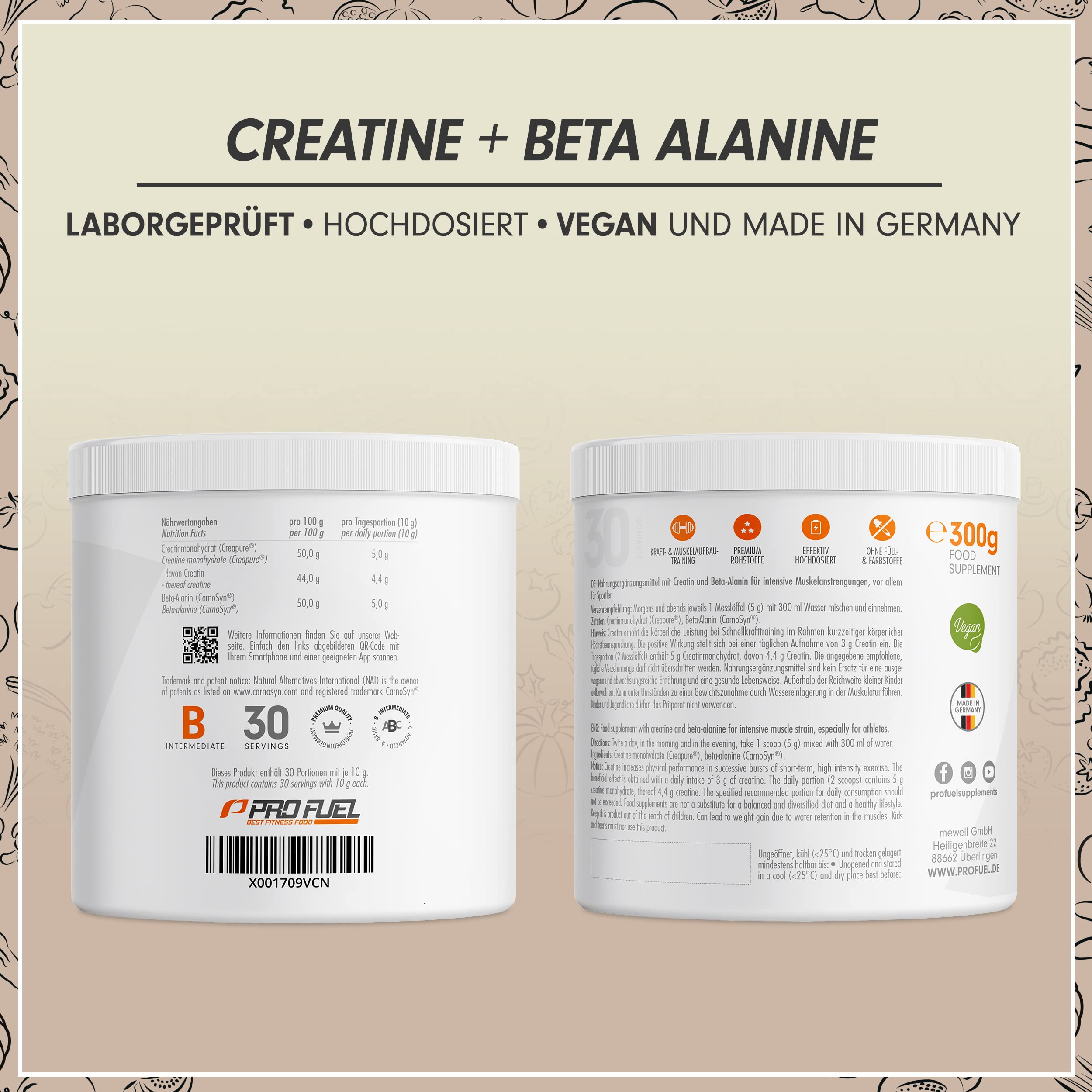 Creatin Monohydrat + Beta-Alanin 2x300g - Premium Creapure® Creatin 5g + CarnoSyn® Beta-Alanin 5g pro Portion - ultra hochdosiert für Kraftsport & Bodybuilding – Made in Germany - geschmacksneutral