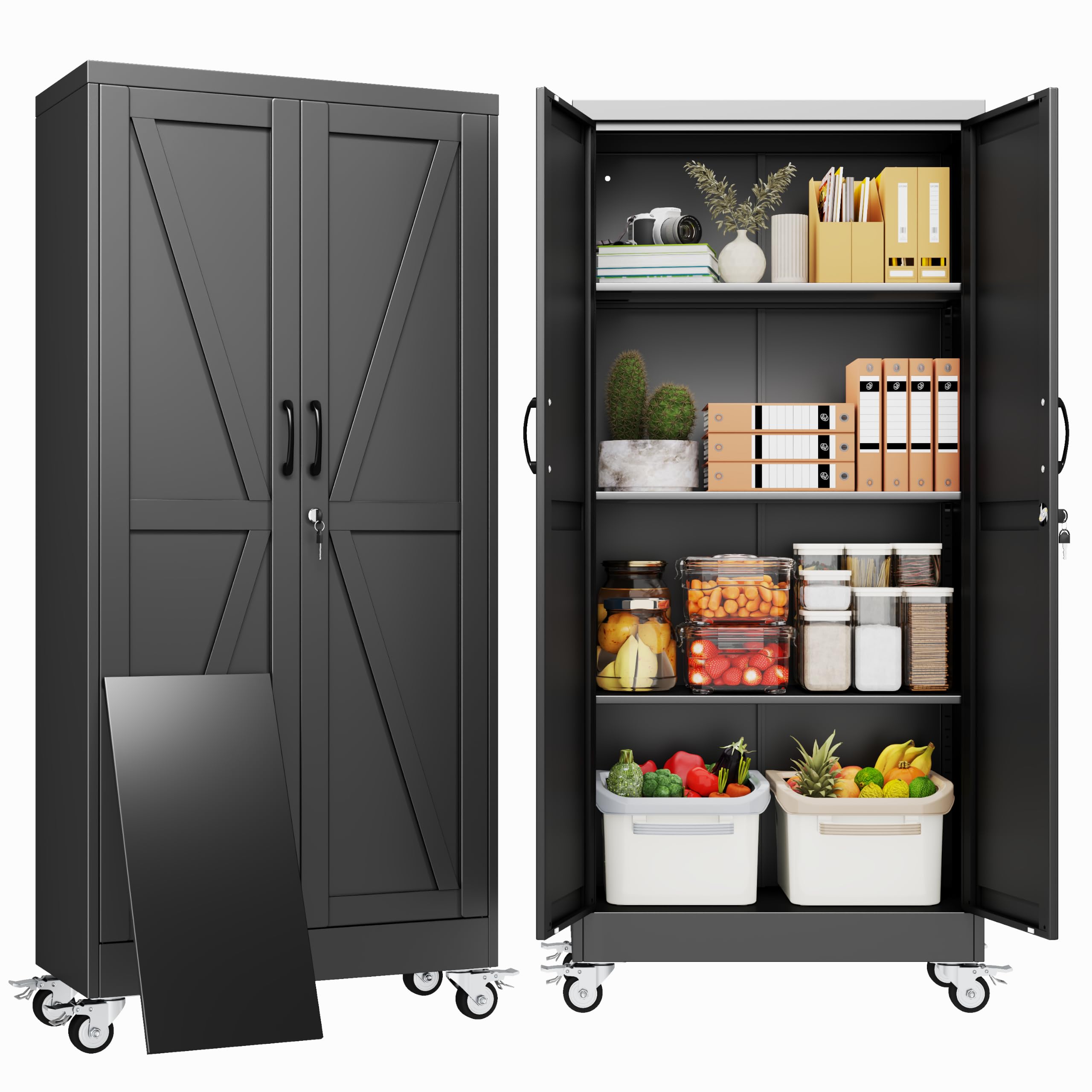 61" Metal Garage Storage Locker Cabinet with Wheels,Rolling Black Lockable Tool Cabinet with 2 Doors and 3 Adjustable Shelves, Steel Office File Cabinet for Home Office Warehouse Gym