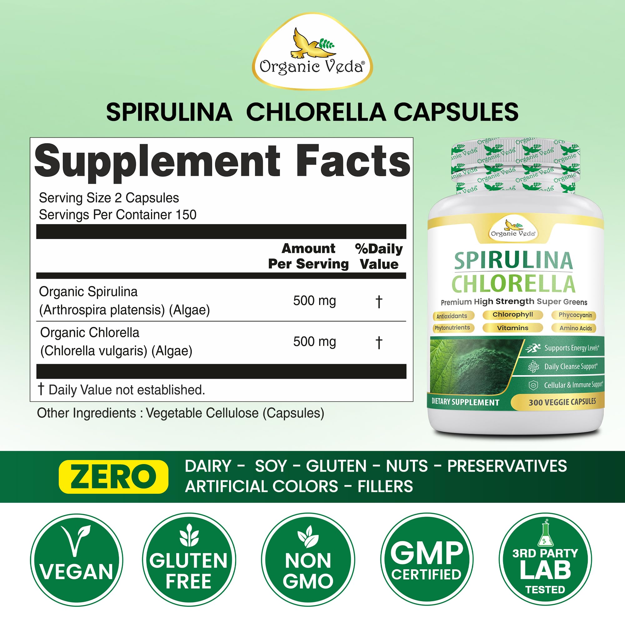 Organic Veda Spirulina Chlorella Capsules, 1500mg, 300 Count -Chlorella Spirulina Powder Supplement with Super Green Antioxidants, Phycocyanin, Amino Acid - Organic Chlorophyll Pills — Amazon image 2