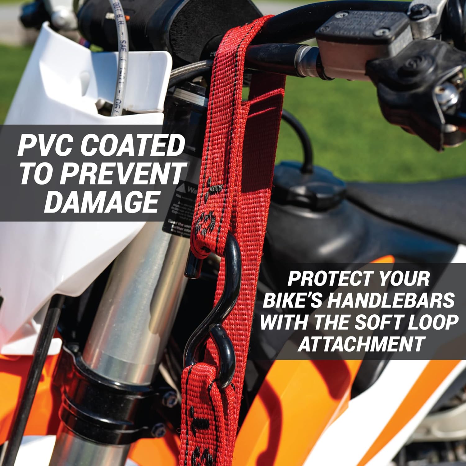 Loadfast Ratchet Tie Down Straps for Motorcycles | New Zealand Made Motorcycle Tie Down 1.5" x 8" Heavy Duty Dirt Bike Tie Down Straps with Soft Loop & Swivel Carabiner | 3,000lbs (2 Pack) Red Color