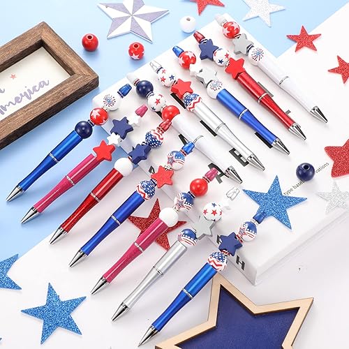 Miniatura 2 de Geyee Juego de 12 bolígrafos con cuentas para el Día de los Veteranos, con la bandera estadounidense, juego de cuentas de madera del 4 de julio,