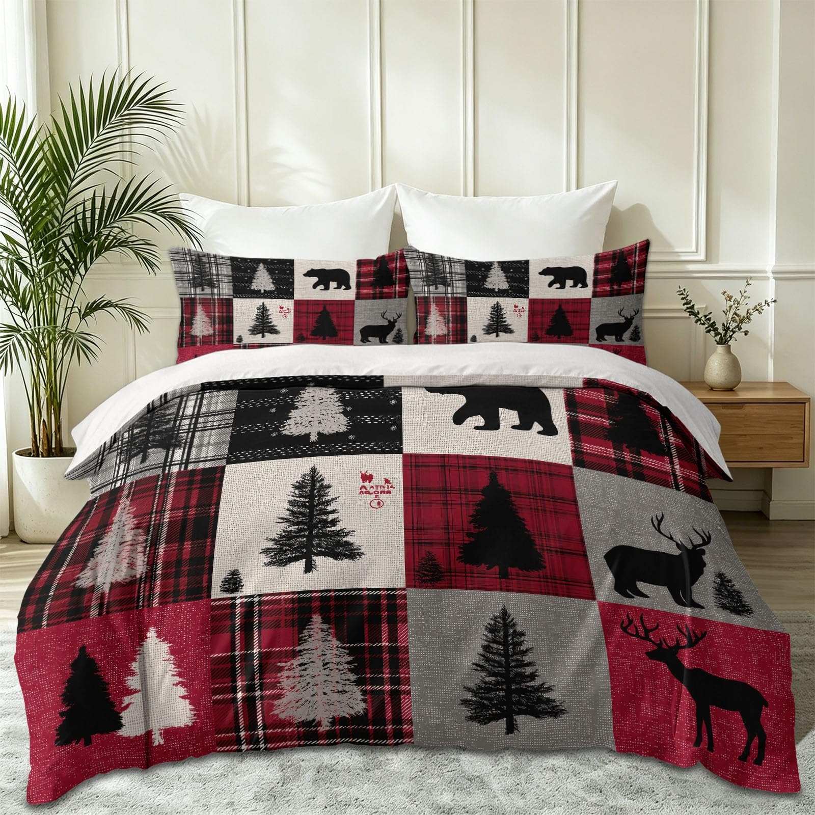 King American Country zestaw pościeli z poszewkami na poduszki, ultrasoftowa mikrofibra, luksusowa, nie wymaga prasowania, z zamkiem błyskawicznym, bożonarodzeniowa, patchworkowa, tartan