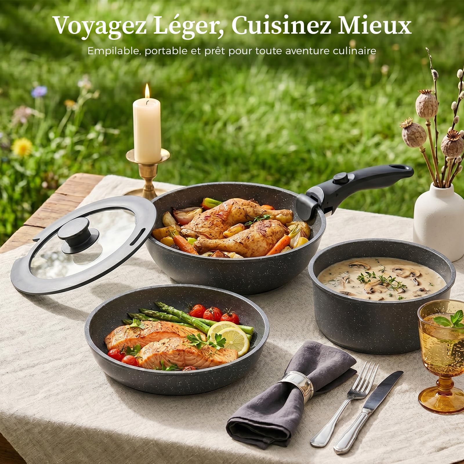 YASHE Batterie de cuisine 9 pièces, non toxique, sans PTFE ni PFAS | Set de Casseroles et Poêles Antiadhésive Granite, Induction, Faitout avec Couvercle, Gain de Place, Passe au Four