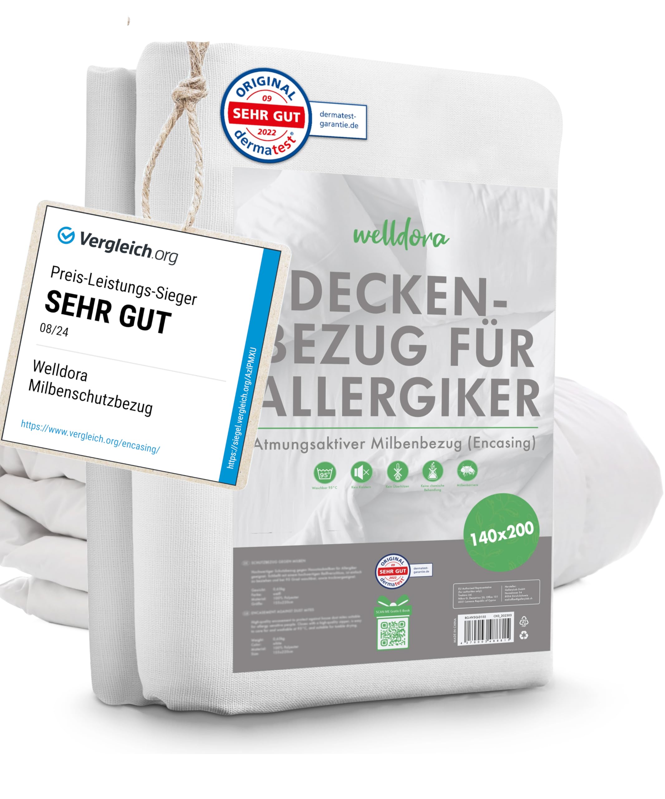 Welldora ǀ Milbenbezug Bettdecke 140x200 ǀ Allergiker Deckenbezug fachärztlich getestet ǀ Premium Encasing mit Reissverschluss ǀ Allergiker Bettwäsche Decke 140x200