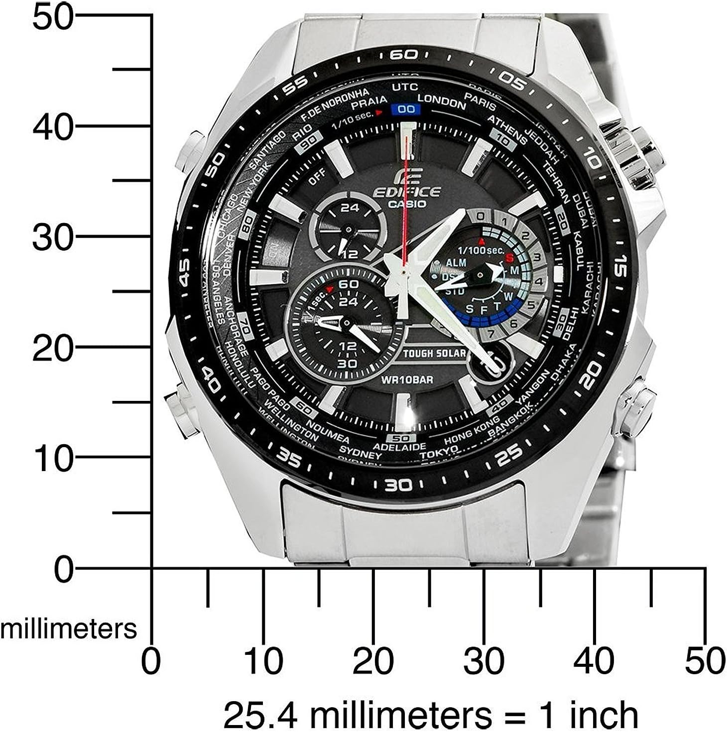 Casio EDIFICE EQS-500DB-1A1 watch with measurement markings in millimeters.