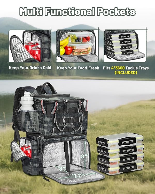 MATEIN Fishing Backpack with 4 Tackle Boxes & Rod Holder, Tackle Backpack with Safety Compass & Insulated Compartment, Water Resistant Fishing Tray Bag Storage Gear and Equipment, Gifts for Fishermen by MATEIN - Image 3