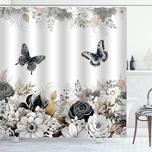 Cortina de ducha floral negra y blanca, cortinas de ducha de flores y mariposas para baño, cortinas de baño de tela impermeable con hojas florales