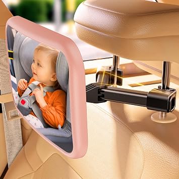 TAZENI Baby Car Mirror with Stable Hook Clip, Never Falls or Shakes, Rear Facing Car Seat Mirror for Baby Newborn Essentials, Easy Install, Shatterproof & Crash Tested, Pink