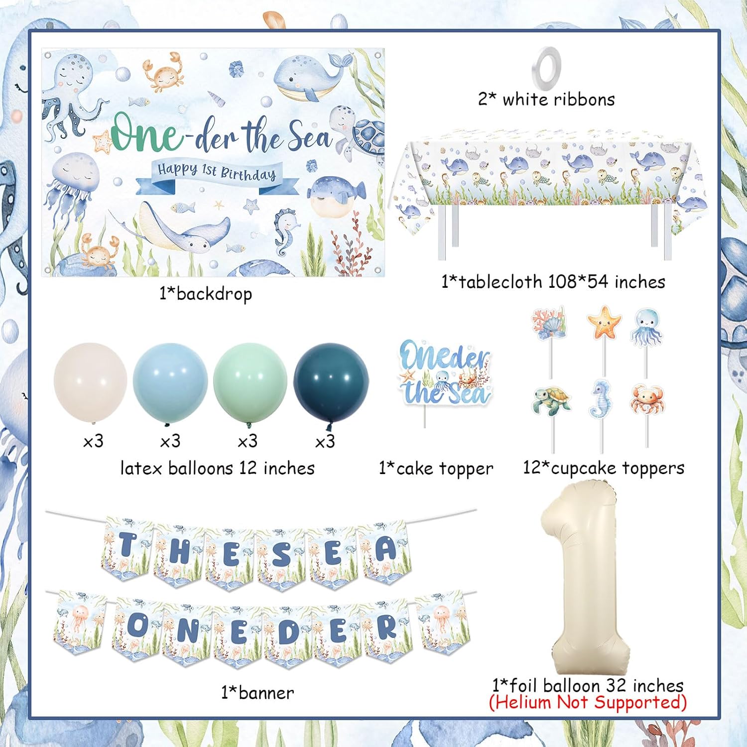 Jollyboom Oneder the Sea Party Decorations Boy, Under the Sea 1st Birthday Decorations Backdrop Banner Cake Cupcake Topper Number 1 Balloons Tablecloth for 1 Year Old Boy