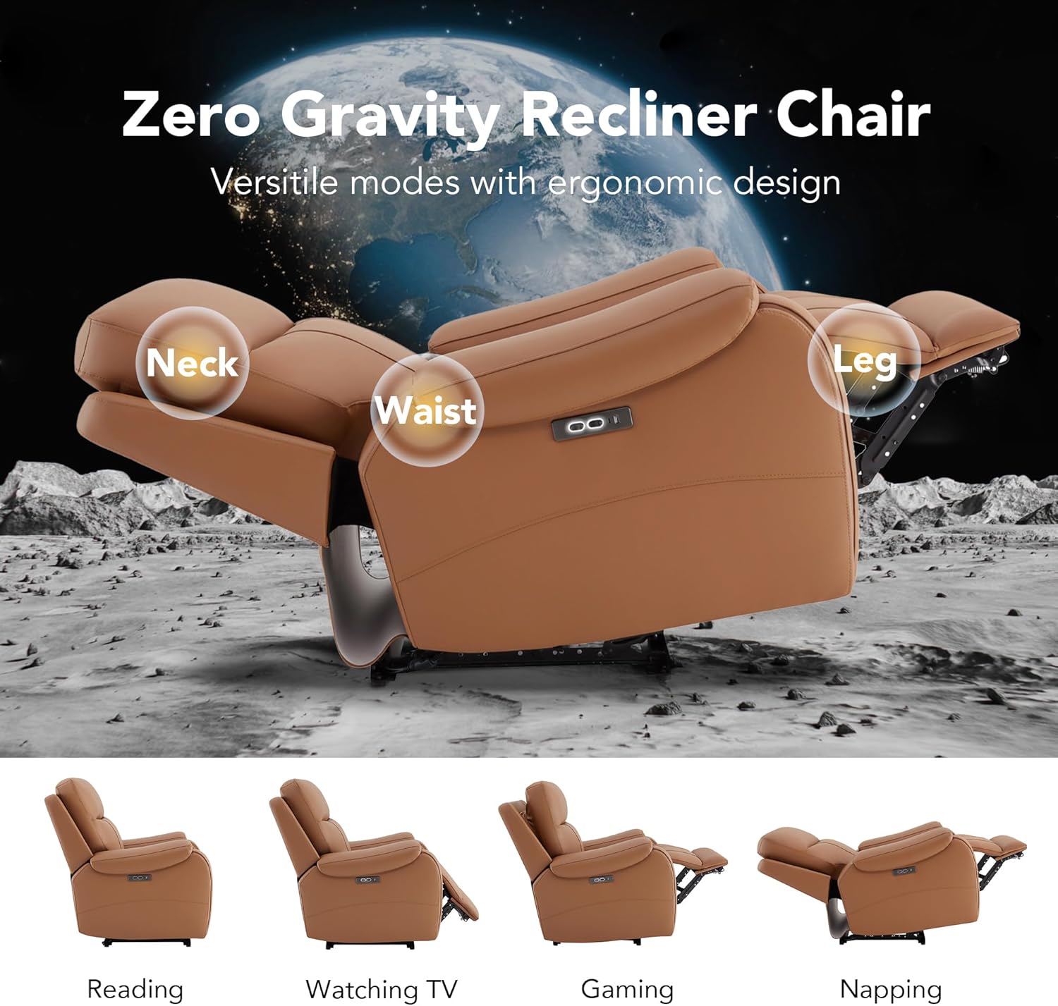 CHITA Large Power Zero Gravity Recliner Chair, Genuine Leather Recliner Chair for Adults with Adjustable Power Headrest and Hidden Slide-Out Cupholders, USB and Type-C Ports, Saddle