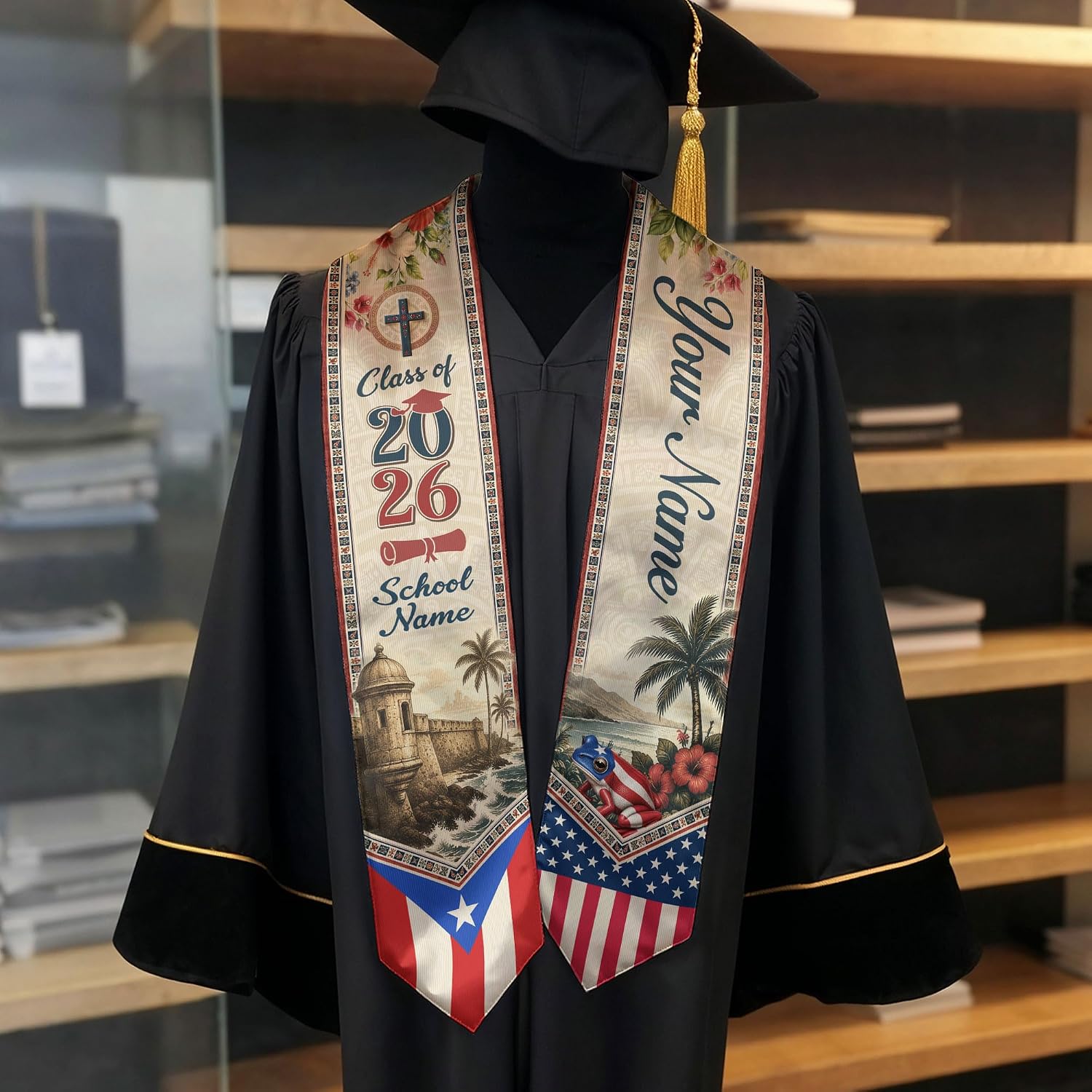 Custom Puerto Rico American Flag Graduation Sash, Class of 2026, Graduation Stole Puerto Rico