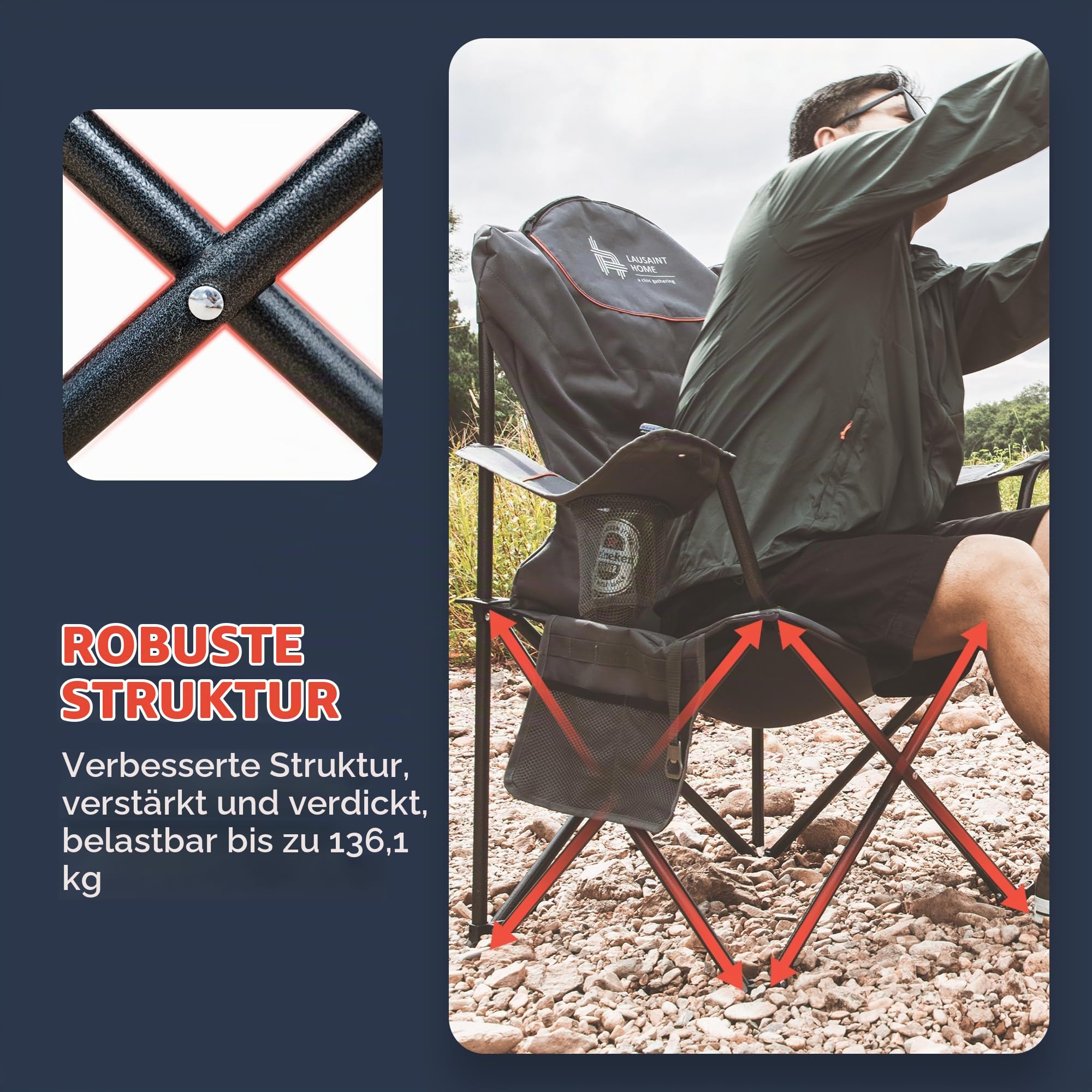 OUTSIDER Campingstuhl Klappbar 160 kg Mit Kühltasche Hochlehner | Gepolsterter Anglersessel, Tragbarer Outdoor-Stuhl Für Garten, Festival & Strand, Komfortabler Hoher Rücken