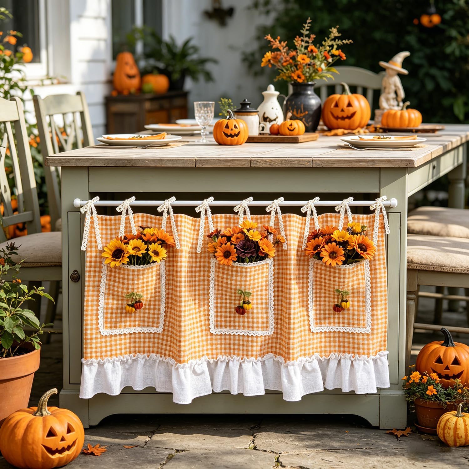 Fall Orange Gingham Oven Door Curtain, Tie Tab Ruffled Tier Cafe Curtain