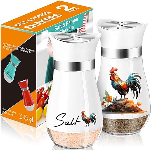Arrozon Rooster Salt and Pepper Shakers Set,4 oz Glass Bottom Salt Pepper Shaker with Stainless Steel Lid for Rooster Kitchen Counter Decor Farmhouse Housewarming Gift Refillable Design (Rooster)