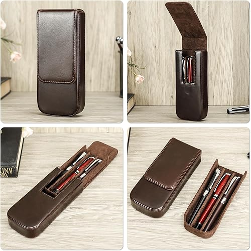 Miniatura 2 de Estuche de cuero genuino de grano superior para 3 bolígrafoslápices, diseño minimalista de moda, hecho a mano, cierre magnético con diseño de cajón,