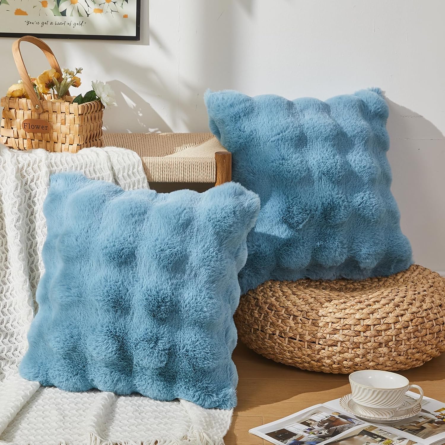 NEWCOSPLAY Throw Pillow Covers 18"x18" Set of 2 Faux Fur Soft Fluffy Bubble Decorative Cushion Covers for Couch Bed Living Room (Blue, Pack of 2) - Image 3