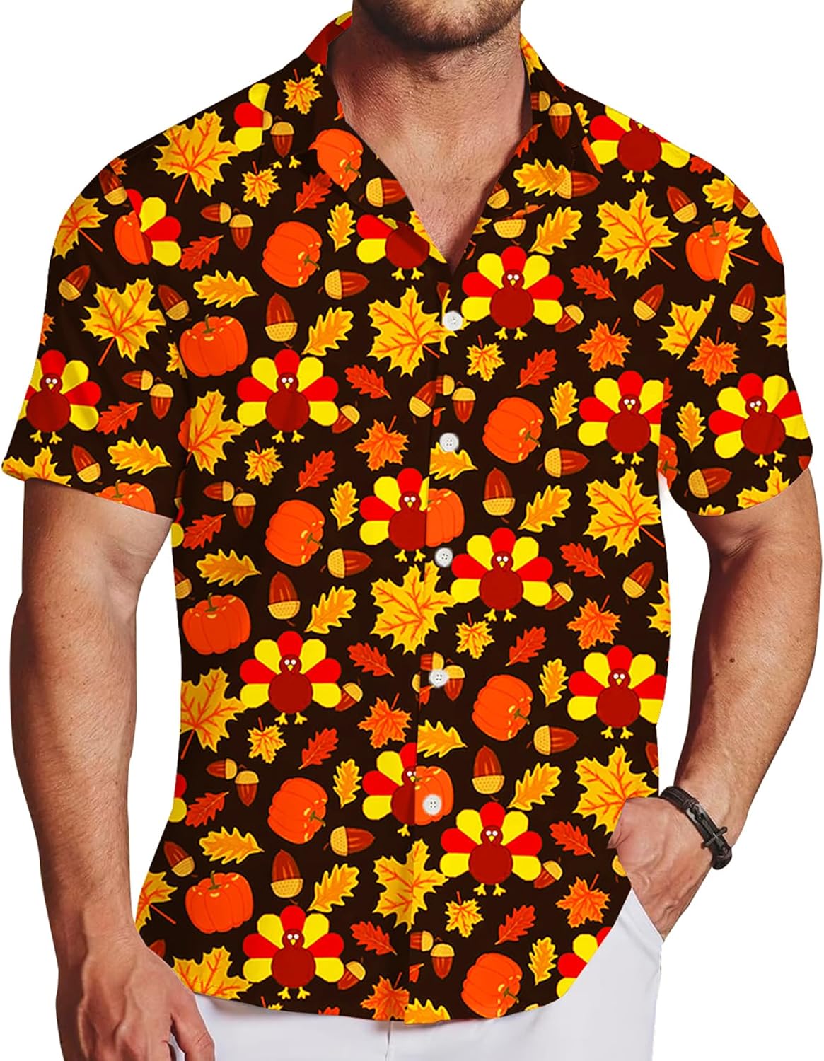 Mens Thanksgiving Button Tops Short Sleeve Turkey Hawaiian Shirt