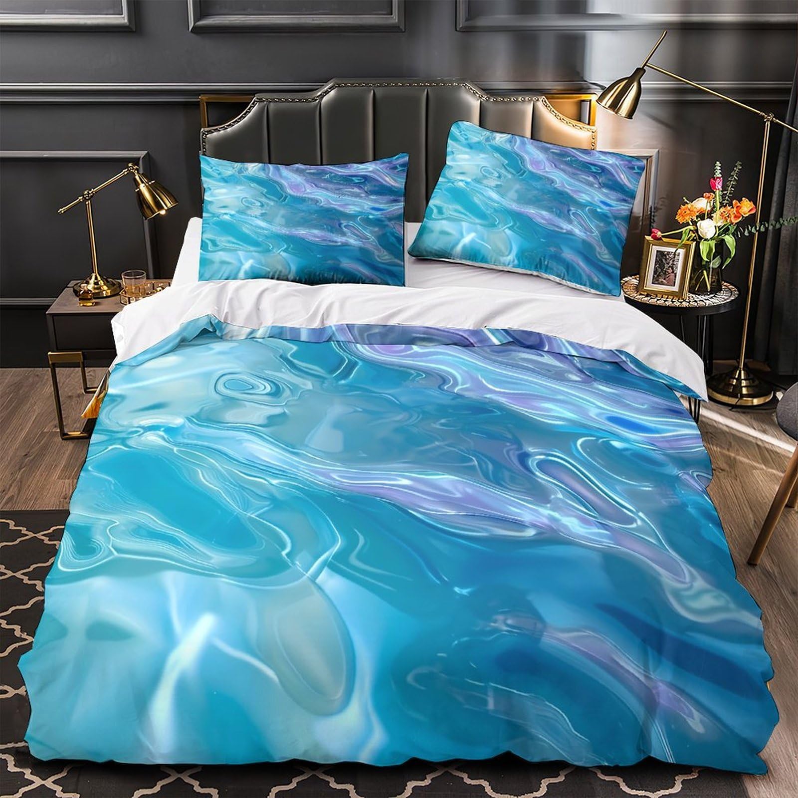 Housse de couette microfibre résistante et respirante motif 3D vague avec 2 taies