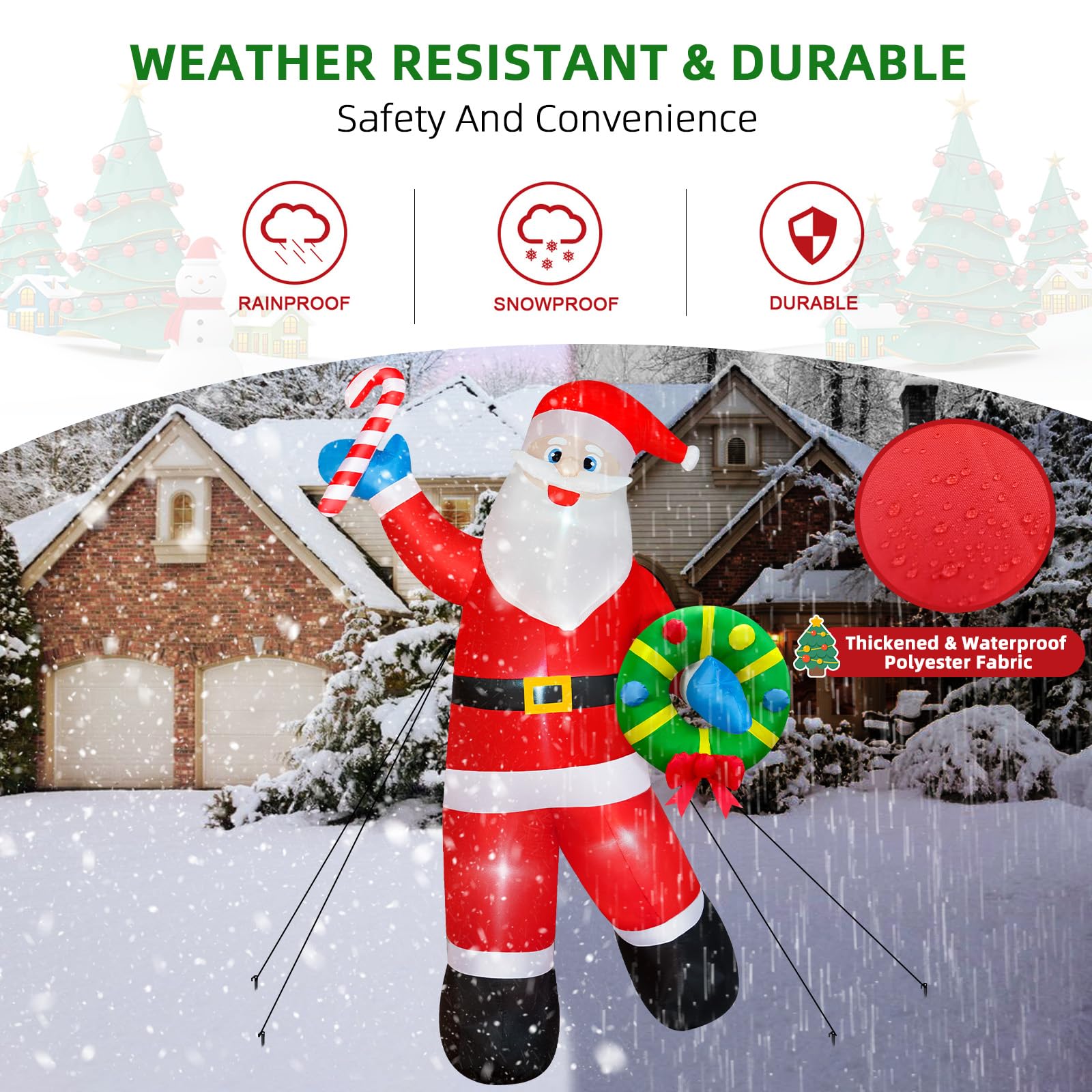 Père Noël gonflable de 2,4 m - Décorations d'extérieur - Père Noël gonflable tenant une guirlande de Noël - LED intégrées - Décoration de Noël pour Noël, vacances, jardin, pelouse