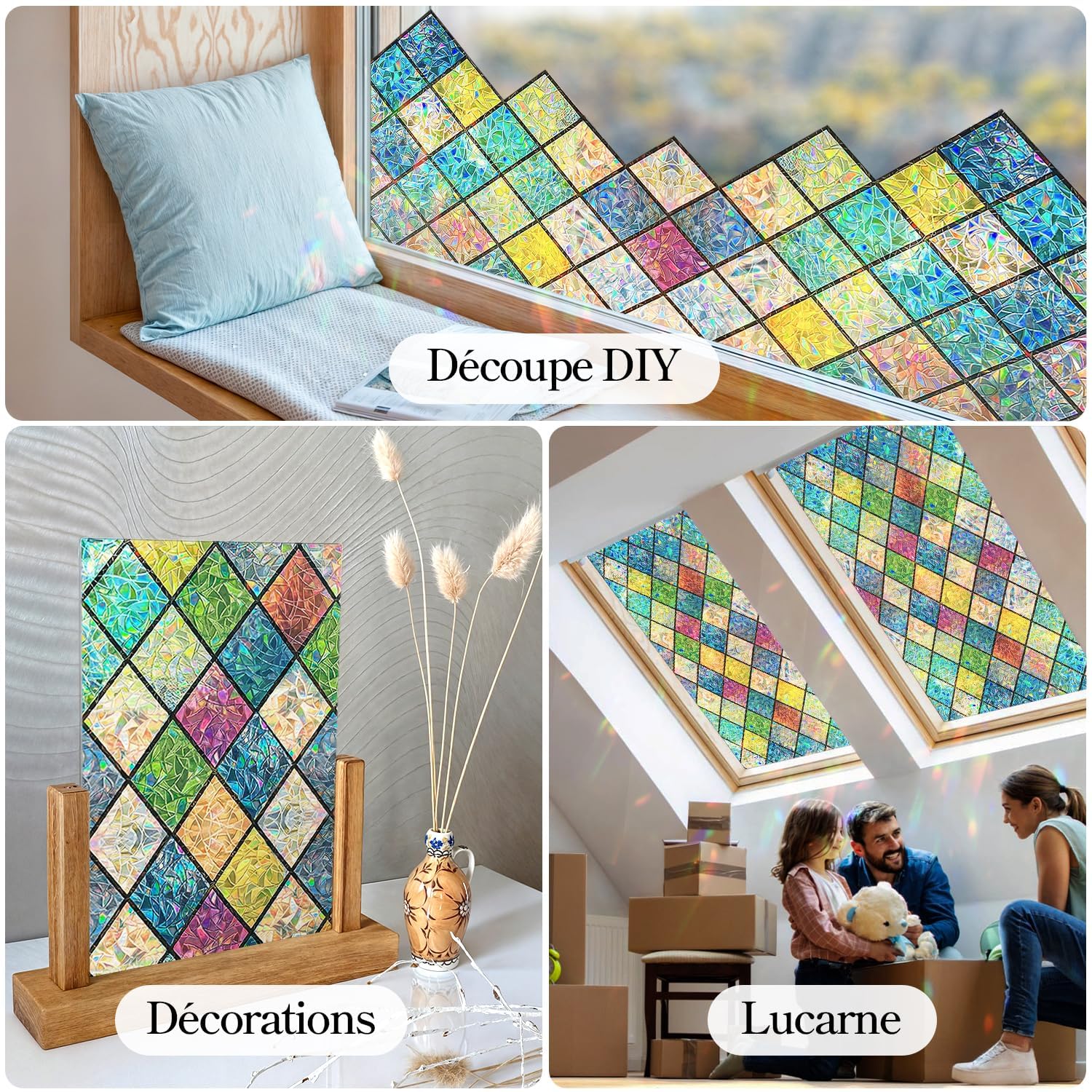Qualsen Film Fenetre Anti Regard Effet Arc-en-Ciel 90 x 200cm, Film Electrostatique Vitre Motif en Losanges Anti UV Non Adhesif Films Vitrail Décoratif Brise Vue Fenetre pour Chambre Cuisine