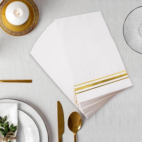 Miniatura 6 de 200 servilletas de papel forradas con borde dorado, elegantes servilletas de cena de 3 capas de papel blanco y dorado, toallas de mano desechables