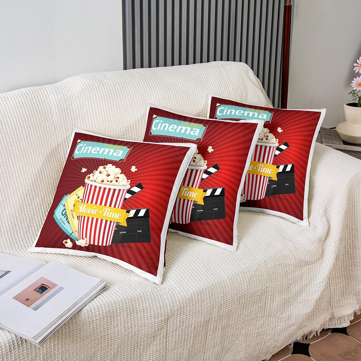 Loussiesd Movie Theater Decor Reversible Throw Pillow Covers Cinema Pillow Covers Home Decor for Kids Adults Movie Night Square Cushion Covers Set of 2 Old Fashion Home Theater 16x16 Inch - Image 4