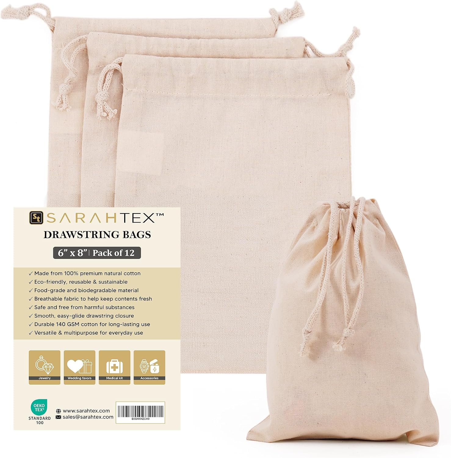 6" x 8" Premium 100% Cotton Drawstring Bags 12 Pack, 140 GSM Reusable Cotton Gift Bags for Soap, Candles, Jewelry, Herbs, Wedding Favors, Party Favors, Small Storage & Eco Friendly Packaging Bags