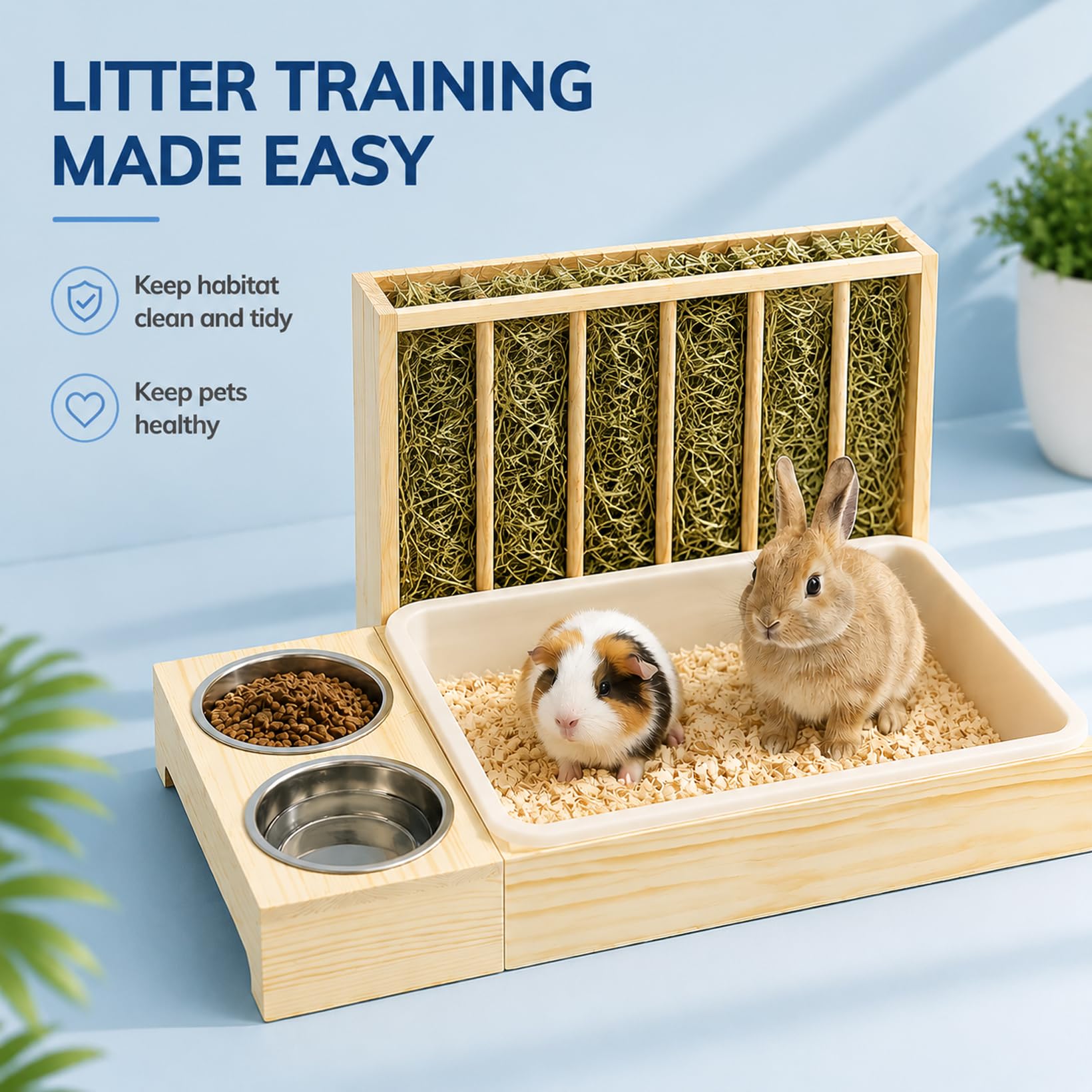 Râtelier à Foin Viridux pour Lapins, râtelier à Foin en Bois 3 en 1 | avec grille en acier inoxydable et outil de nettoyage, distributeur automatique de nourriture