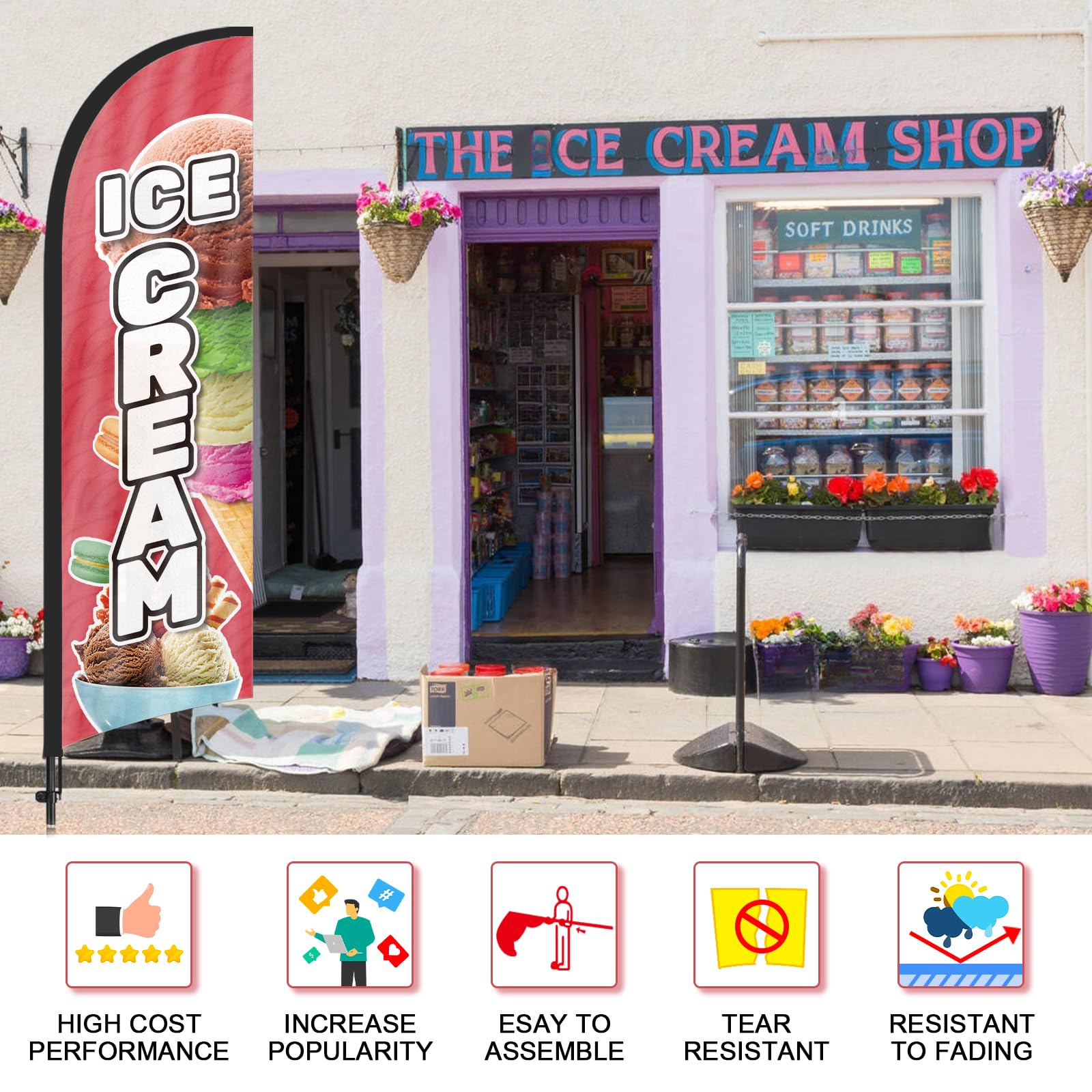 Ice Cream3 Federflagge, 2,4 m, Eiscreme-Flagge mit Stangen-Set, Erdspieß, Eiscreme, 3 Schilder für Unternehmen und Schaufenster