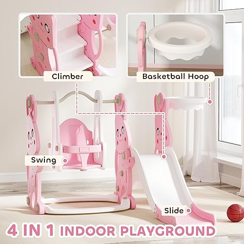 Miniatura 3 de Qaba Juego de tobogán y columpio 4 en 1 para niños de 1.5 a 4 años, parque infantil con temática de conejo con escalador, aro de canasta, para patio