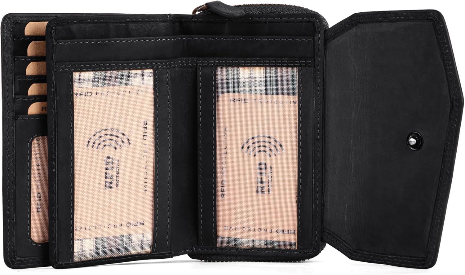 Benthill Damesportemonnee echt leer - portemonnee met RFID-bescherming - portemonnee met veel kaartvakken - echt leer vintage damesportemonnee incl. geschenkdoos, zwart, Vintage