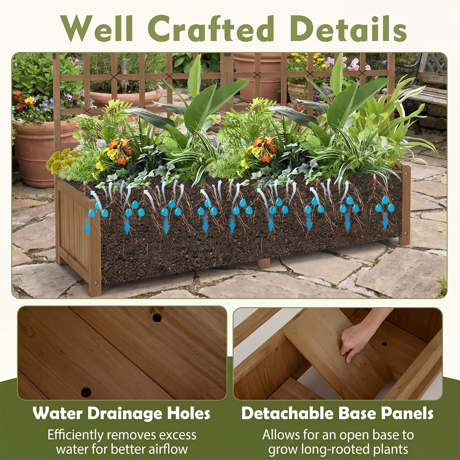 HOMASIS 3 en 1 Lit de Jardin Surélevé en Bois avec Treillis, Jardinière d’Extérieur avec Trous de Drainage et Bac à Plantes, pour Plantes Grimpantes, Légumes, Fleurs, 180 x 48 x 183 cm (Marron)