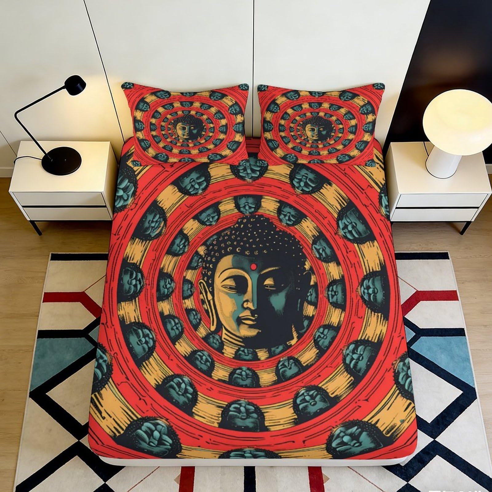 Uynsixtme Style-10 3D Printed Buddha Pattern Fitted Sheet Microfiber Deep Pocket Non-Slip Buddha Mattress Fitted Cover Full Wrap Washable 140X200x25cm