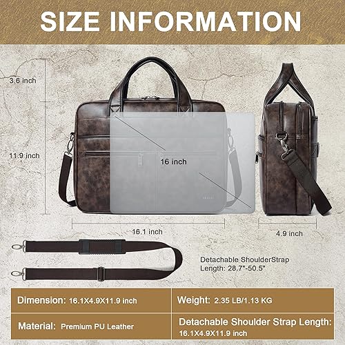Miniatura 3 de Shrrie Bolsa de mensajero de cuero para hombres y mujeres, bolsa para laptop de 16 pulgadas, resistente al agua
