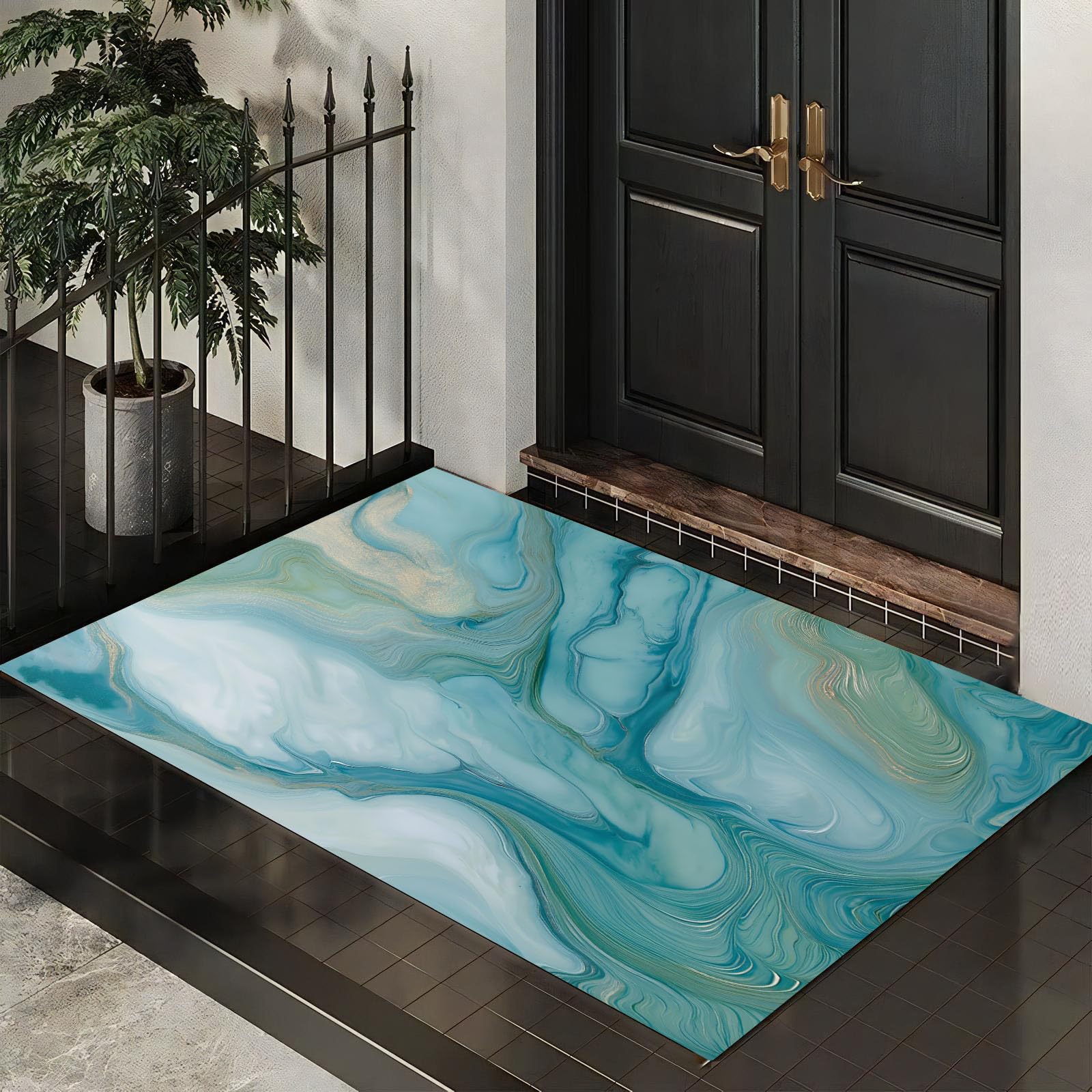 Tapis de Porte Marbre De Luxe Bleu Clair 50x80 Lavable Cuisine
