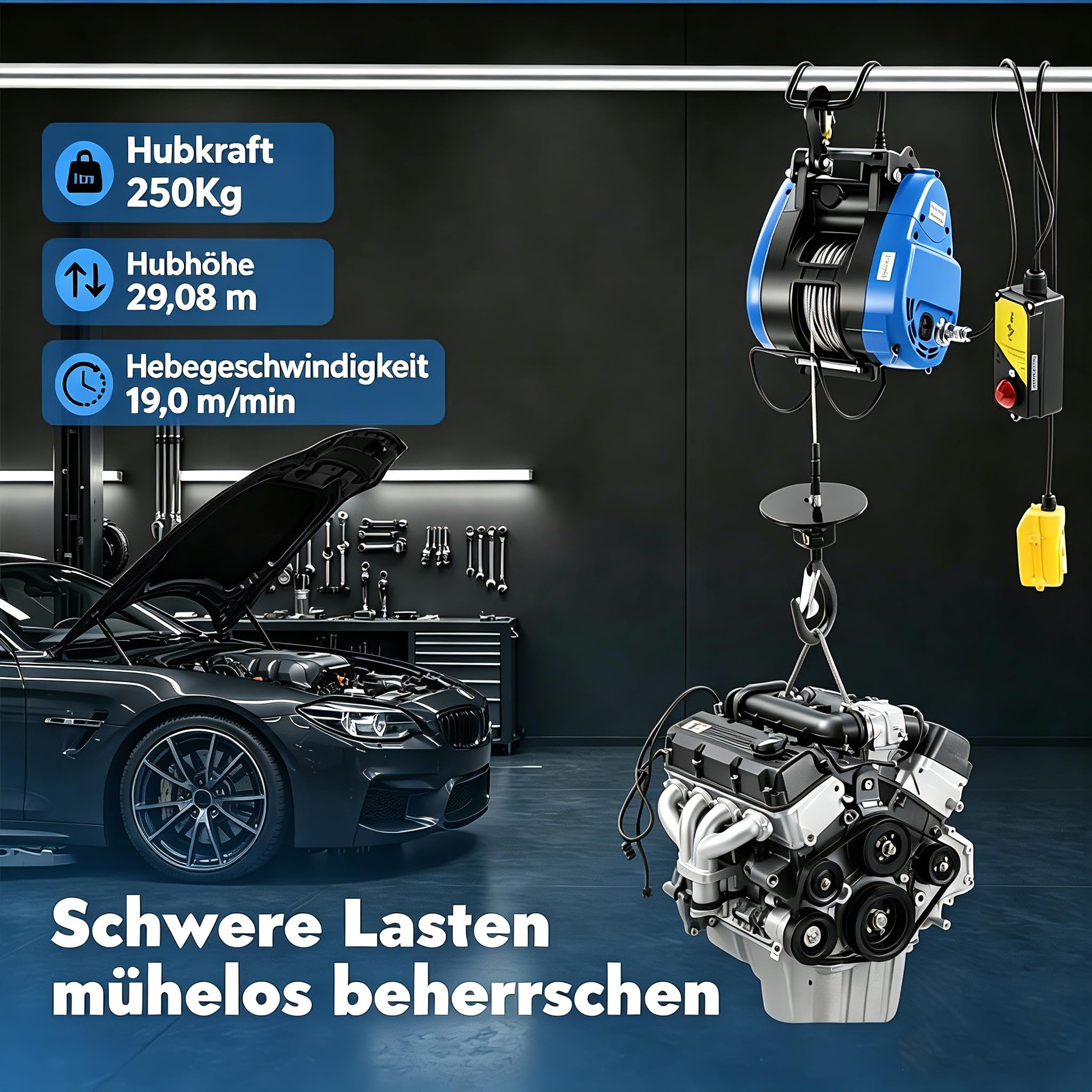 Mobile Seilwinde Elektrisch 230V 250kg Tragkraft 29m-Hubhöhe 19m/min Elektro Seilhubzug mit Funkfernbedienung (100m) 30m-Stahldrahtseil Hängetaster Sicherheits-Lasthaken Begrenzer 1.5m-Kabellänge