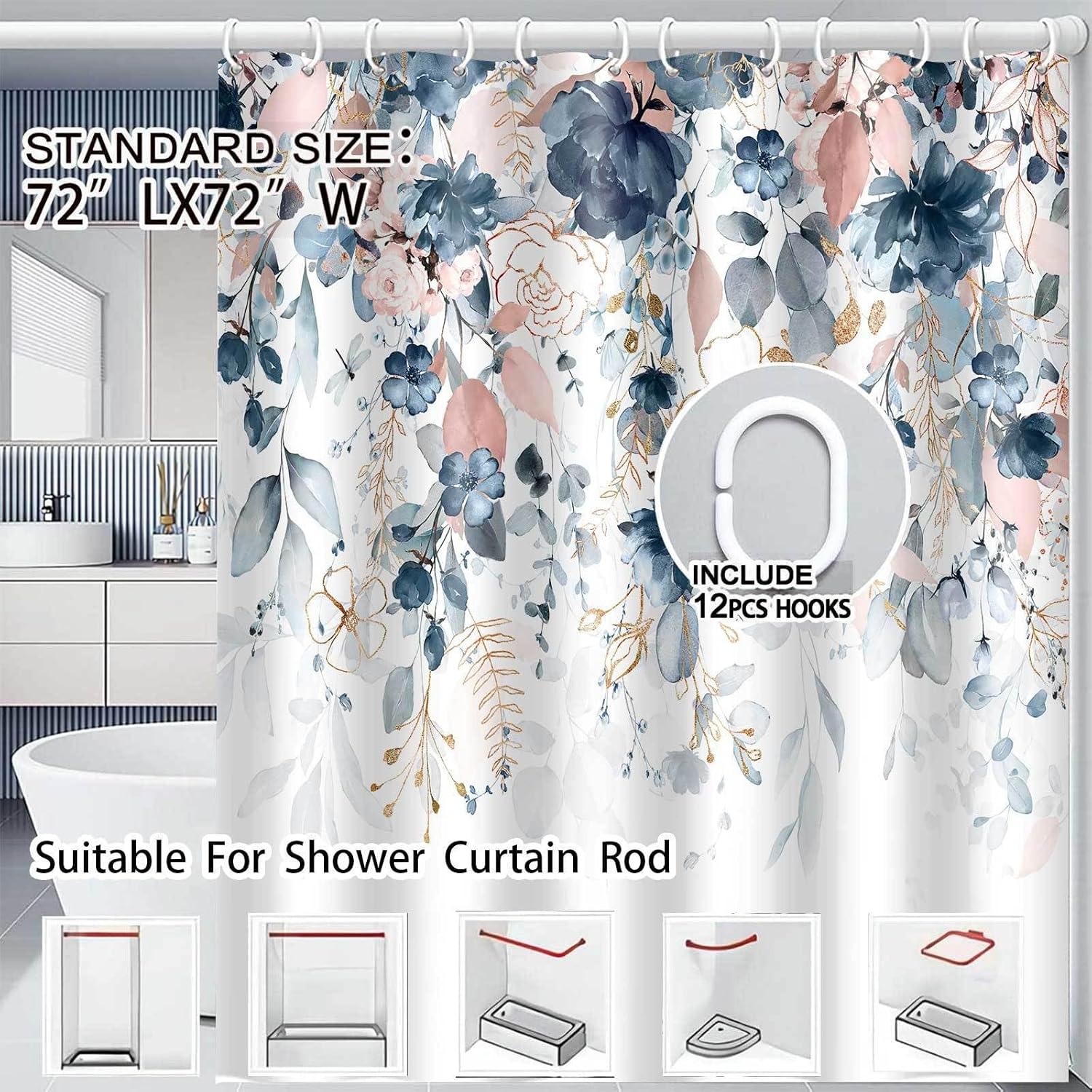 Navy Pink Floral Shower Curtain, Cute Flower Botanical Pastel Watercolor Spring Plant Shower Curtain Eucalyptus Leaf Girly Rustic Country Bathroom Accessories Set with Hooks, 72X84 Inches, Floral5