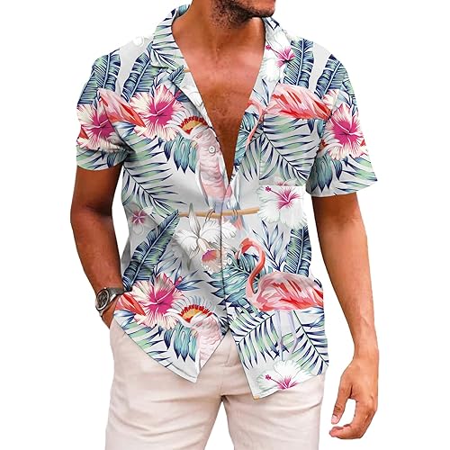 KYKU Funky Hawaiian Shirt for Men Palm Beach Shirts Tropical Vacation Clothes - 3X-Large - Flamingo Colorful
