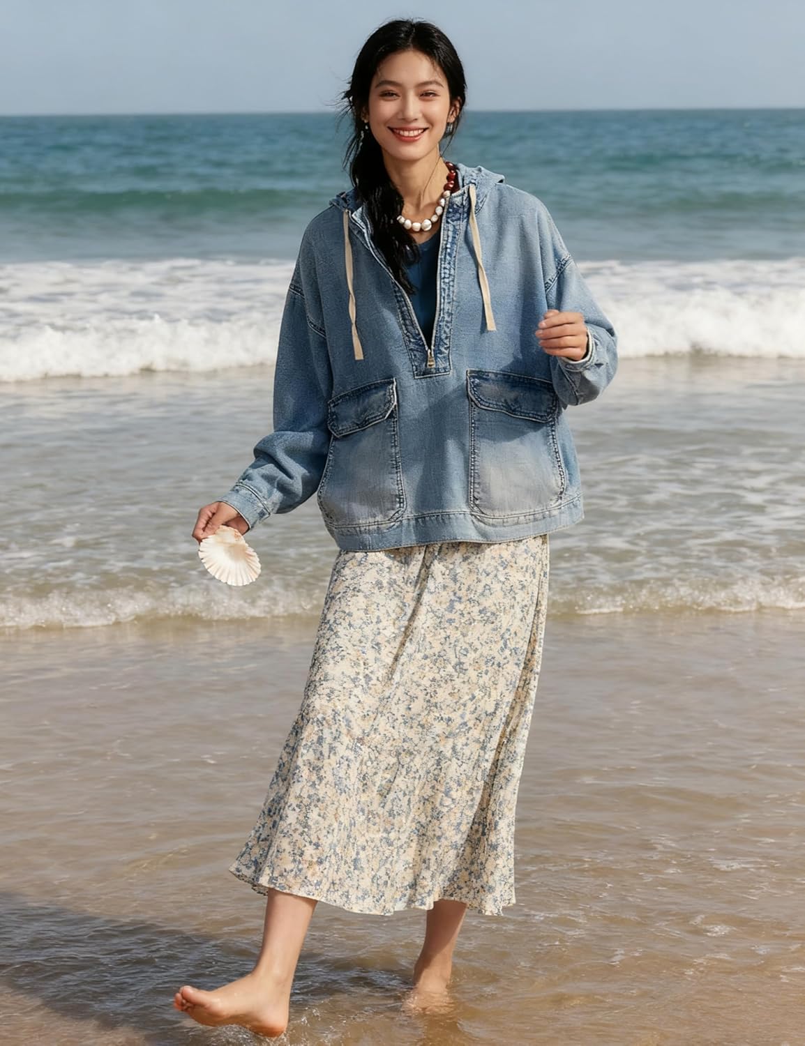 Omoone Women's Denim Pullover Jacket Oversized Half Zip Hoodie Jean Top Sweatshirt with Pockets - Image 3