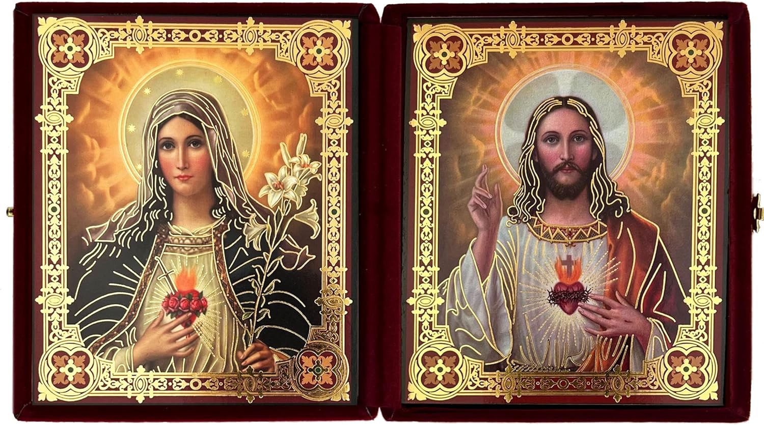 Needzo Sacred Heart of Jesus and Mary Catholic Icon Diptych In Burgundy Color Velvet Case 5 Inch, Gold Foil Icons Religious Gift For Woman, Man