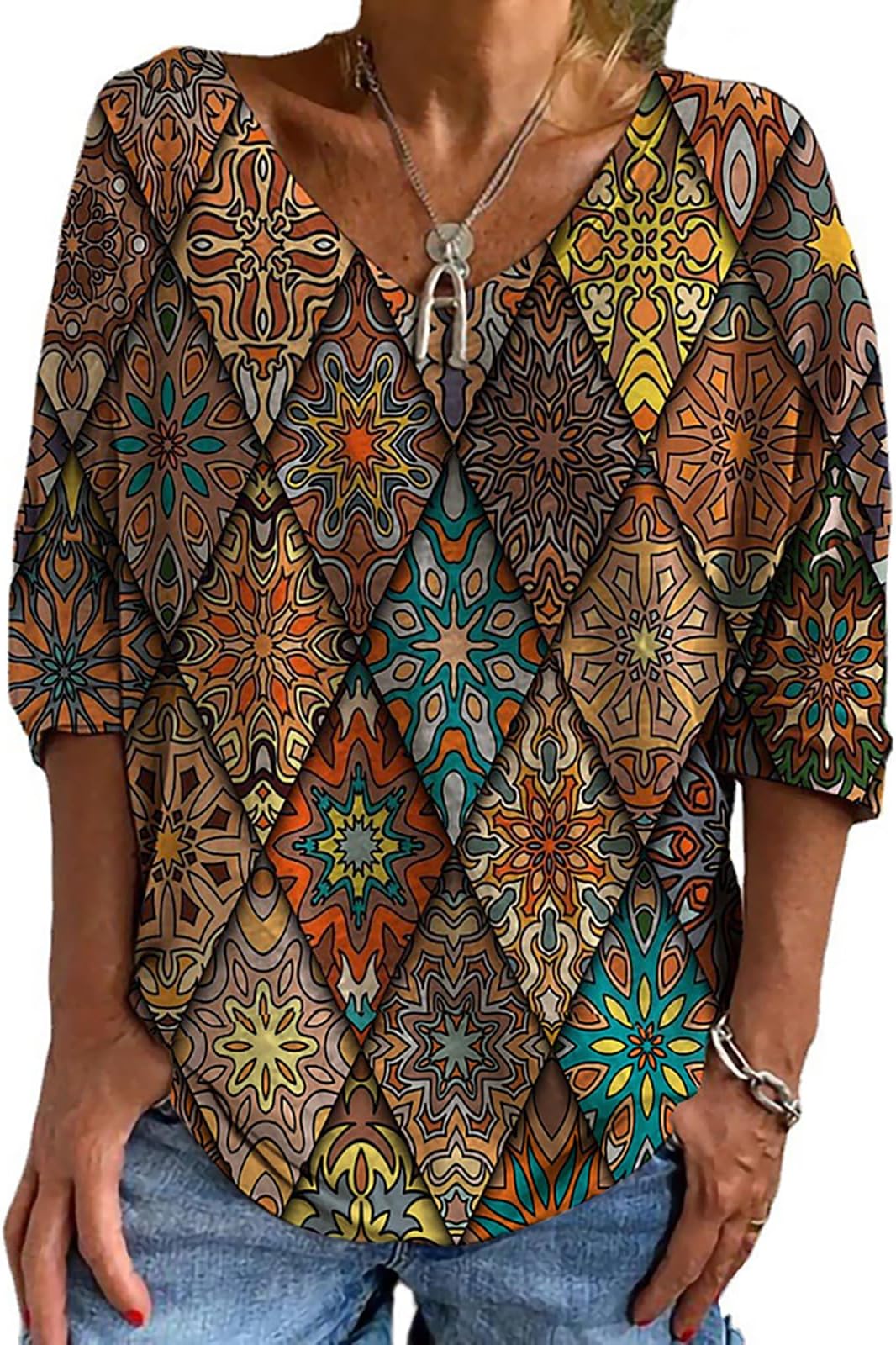 Women Top Pattern Print Retro Vintage Drop-Shoulder Long Sleeve Loose V-Neck T-Shirt Soft Blouse